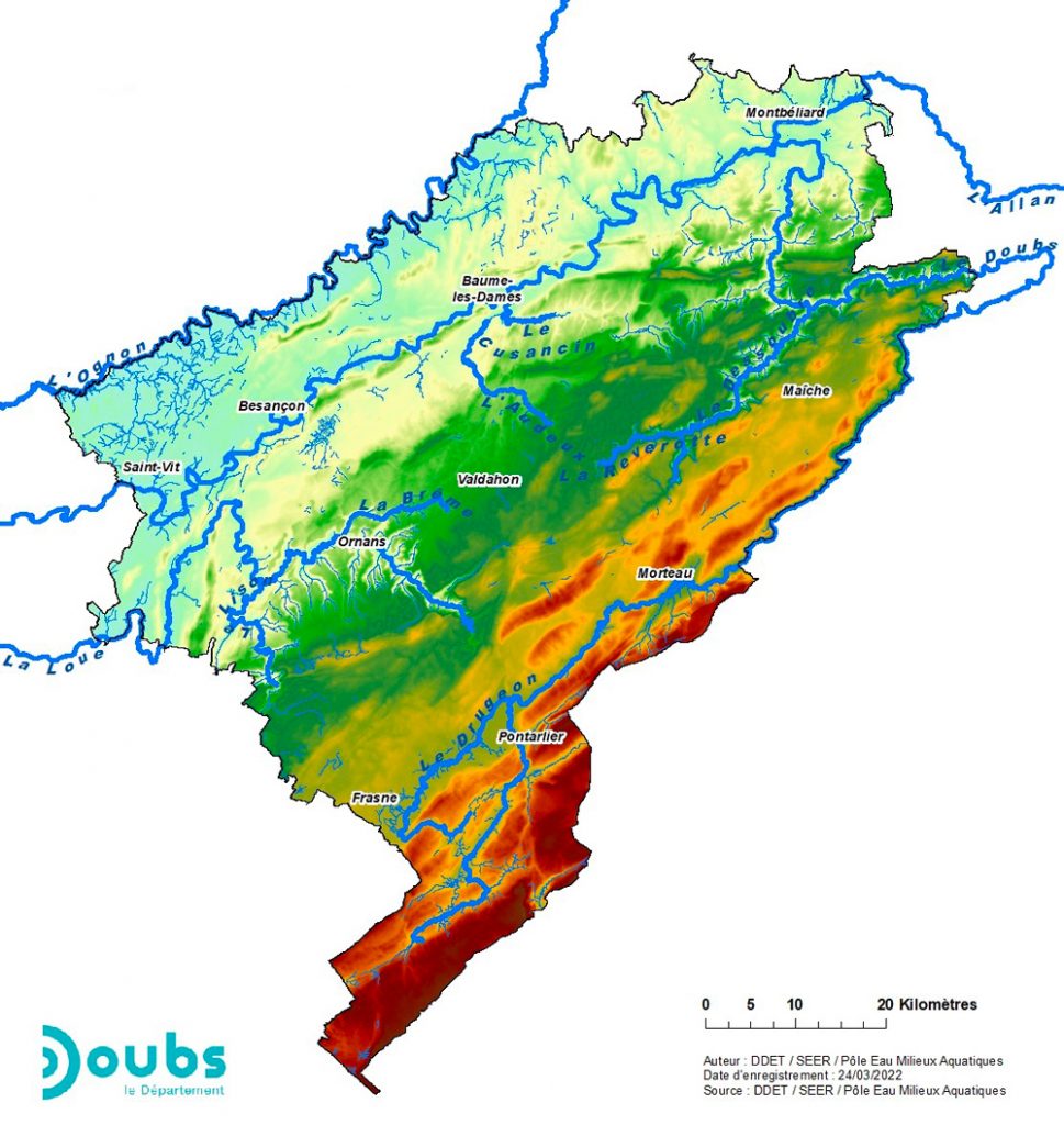 carte des principaux cours d'eau sur le territoire du département du Doubs 